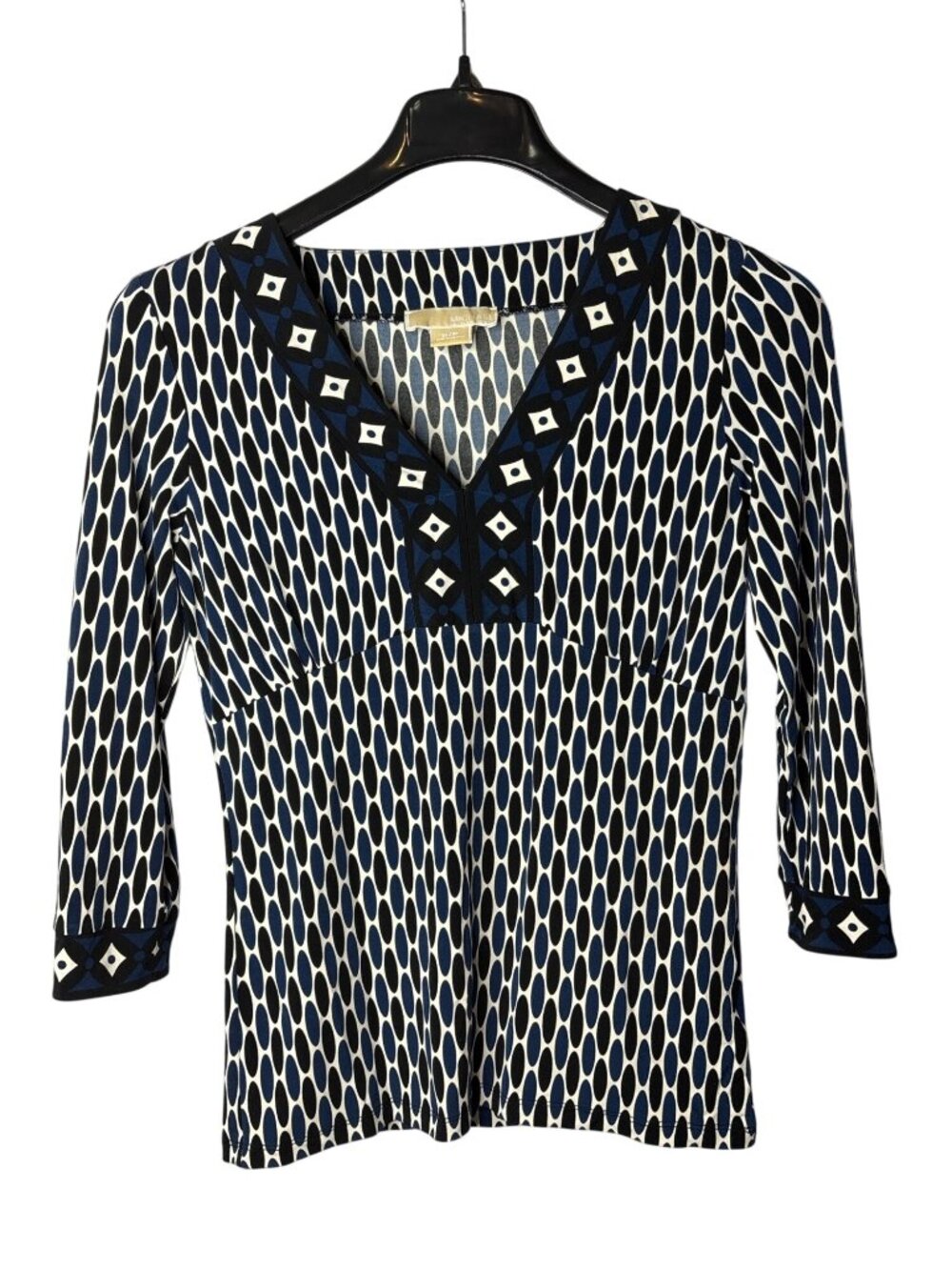 Michael Michael Kors Tunic Top Size SP V Neck Geometric Navy Blue Black White